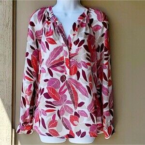 Womens Banana Republic Pink Red Leafy dressy Floral Tunic Blouse